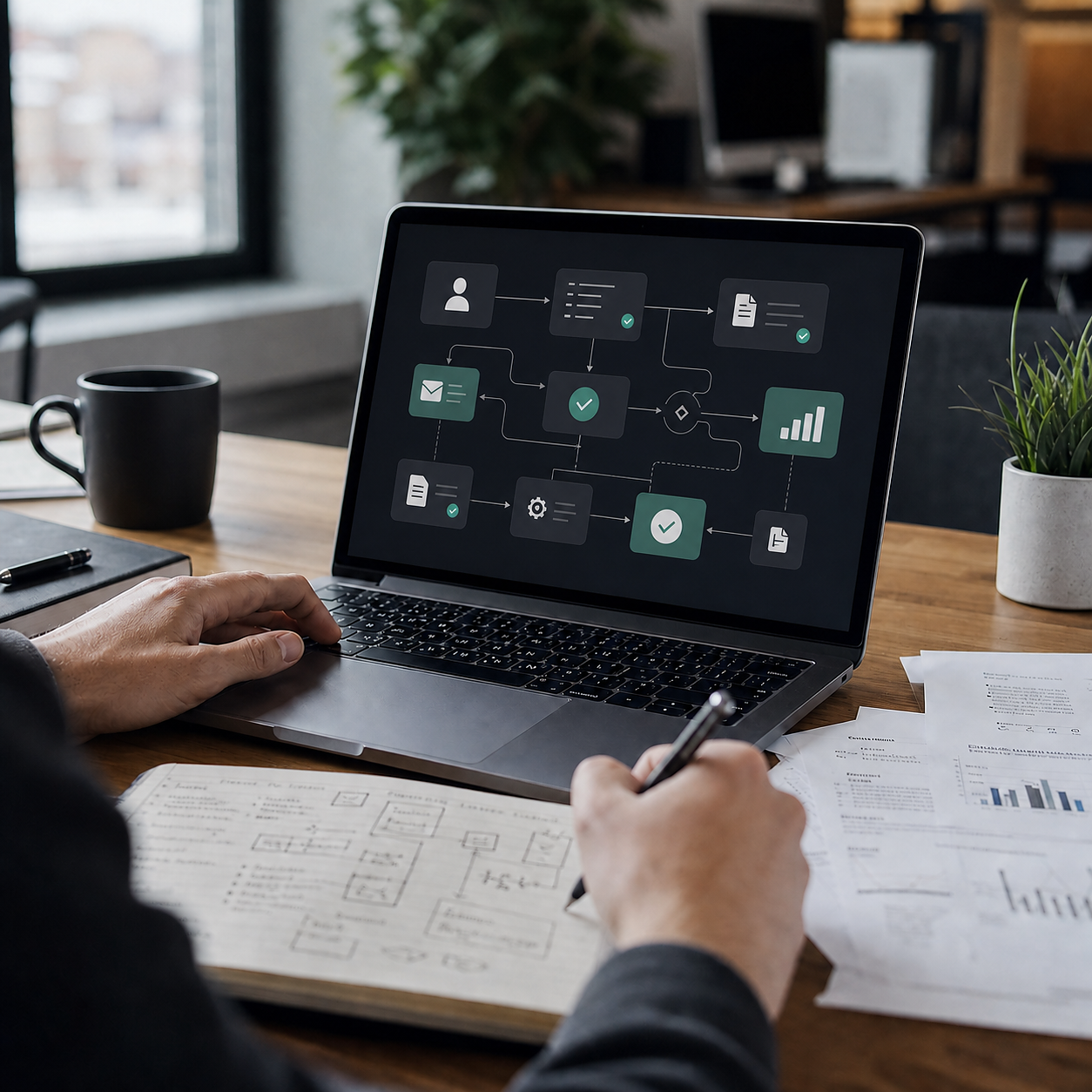 Photorealistic desk scene with workflow automation dashboards for repetitive business processes