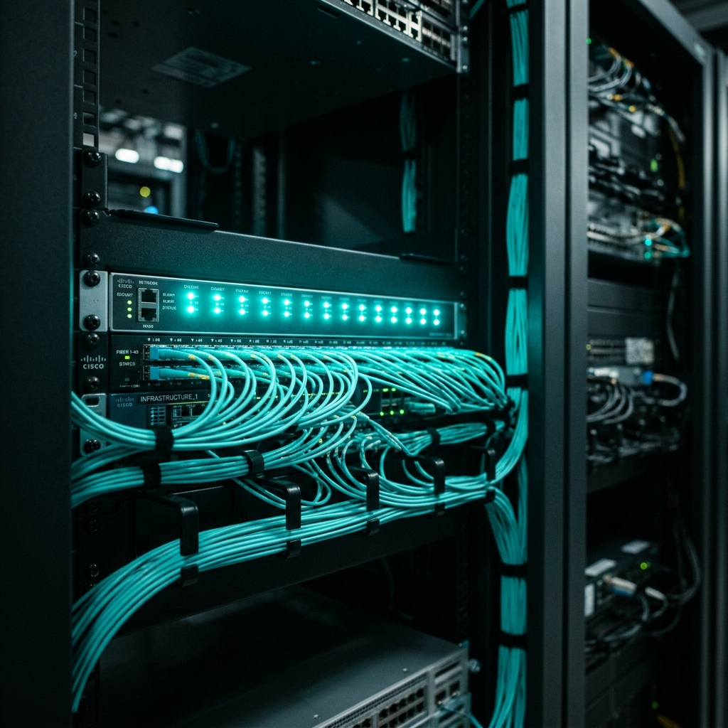 Zero-latency infrastructure artwork with high-speed network and systems architecture visuals